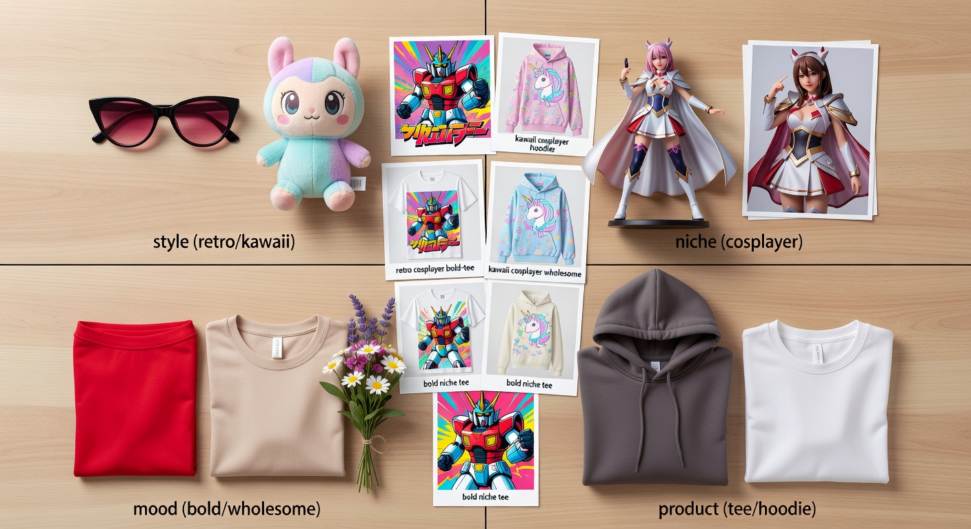 Visual breakdown of search formula components: four quadrants showing 'style (retro/kawaii)', 'niche (cosplayer)', 'mood (bold/wholesome)', 'product (tee/hoodie)' with real example combinations like 'retro cosplayer bold tee' yielding thumbnail previews of 80s anime designs on products