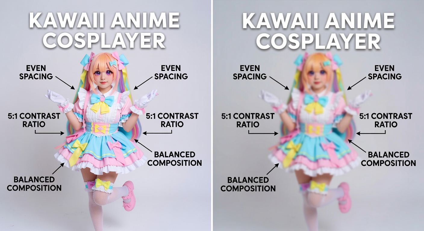 Side-by-side comparison of high-quality vs low-quality cosplayer design thumbnails: left shows crisp 'Kawaii Anime Cosplayer' with labeled callouts for even spacing, 5:1 contrast ratio, balanced composition at thumbnail size; right shows blurry low-res version with crowding and faded colors