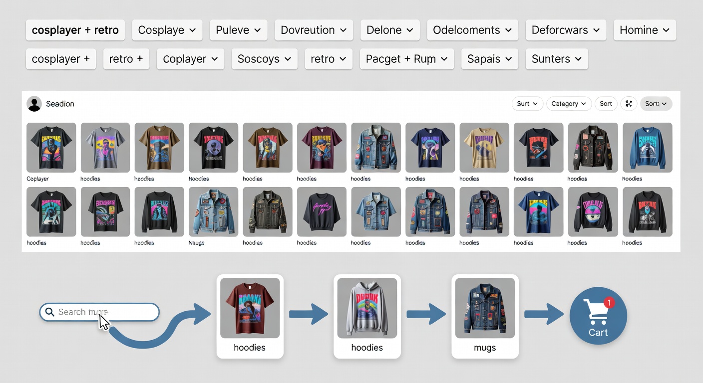 Screenshot-style mockup of marketplace browsing interface: top shows /shop filters applied for 'cosplayer + retro'; middle displays creator profile with 20+ similar designs; bottom workflow arrows from search bar to cart with product matches like hoodies and mugs