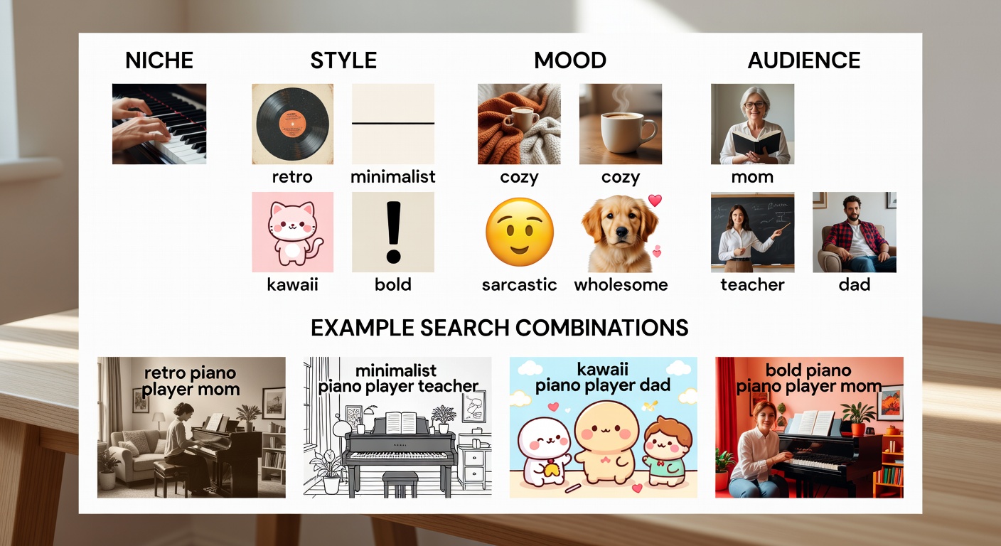 Visual breakdown of search formula components - niche (piano player), style (retro, minimalist, kawaii, bold), mood (cozy, sarcastic, wholesome), audience (mom, teacher, dad) with 4 example search combinations like 'retro piano player mom' and resulting thumbnail previews of balanced, high-contrast designs