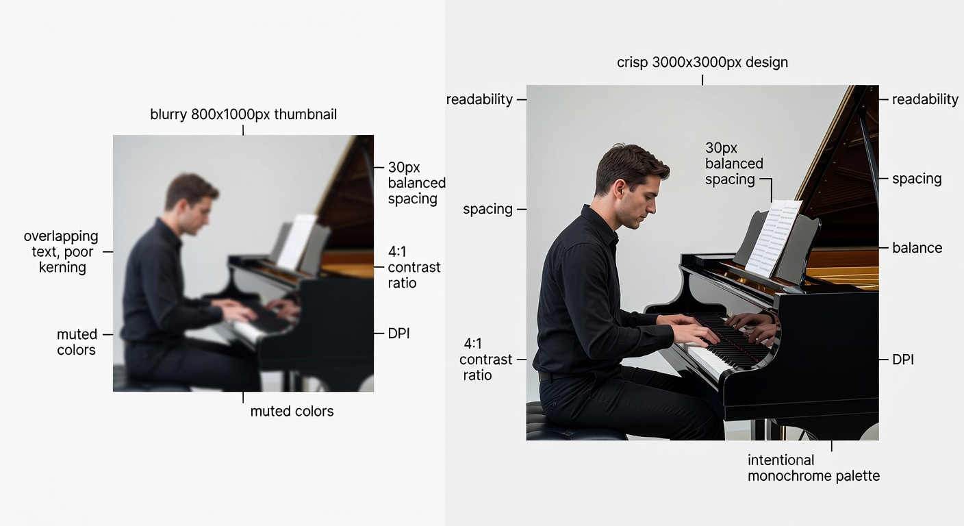 Side-by-side comparison of high-quality vs low-quality piano player designs: left (low) shows blurry 800x1000px thumbnail with overlapping text, poor kerning, and muted colors; right (high) shows crisp 3000x3000px design with 30px balanced spacing, 4:1 contrast ratio, intentional monochrome palette; labeled callouts for readability, spacing, balance, and DPI