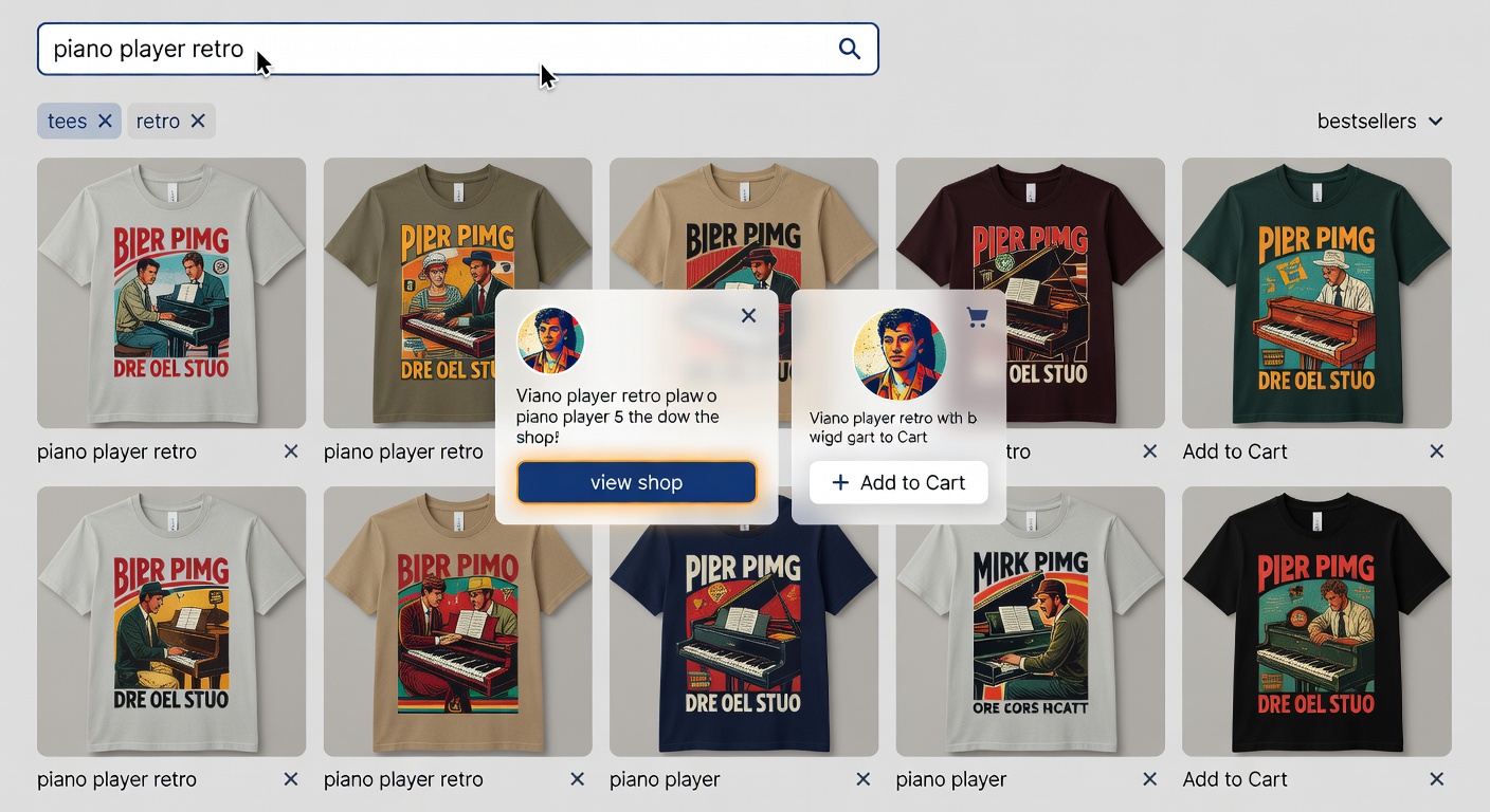 Screenshot-style mockup of marketplace shop interface: search bar with 'piano player retro' entered, 'tees' and 'retro' filters applied, results grid showing 12 high-quality thumbnails sorted by bestsellers, creator profile popup highlighted with 'view shop' button, and add-to-cart flow