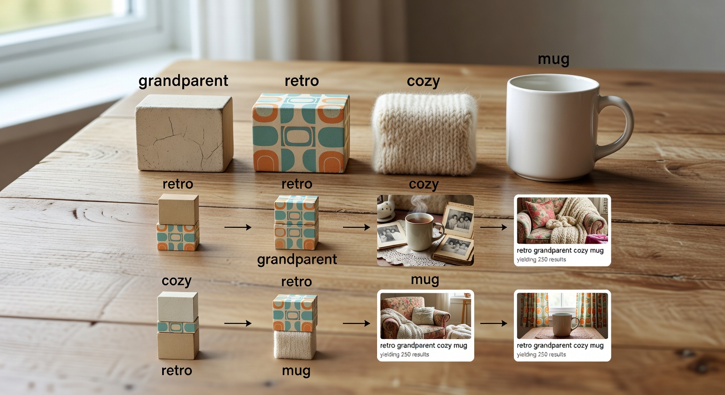 Visual breakdown of a niche stack search formula with four labeled blocks – 'grandparent' (base), 'retro' (style), 'cozy' (mood), 'mug' (product) – plus three example combinations like 'retro grandparent cozy mug' yielding 250 results, with thumbnails of actual search outputs