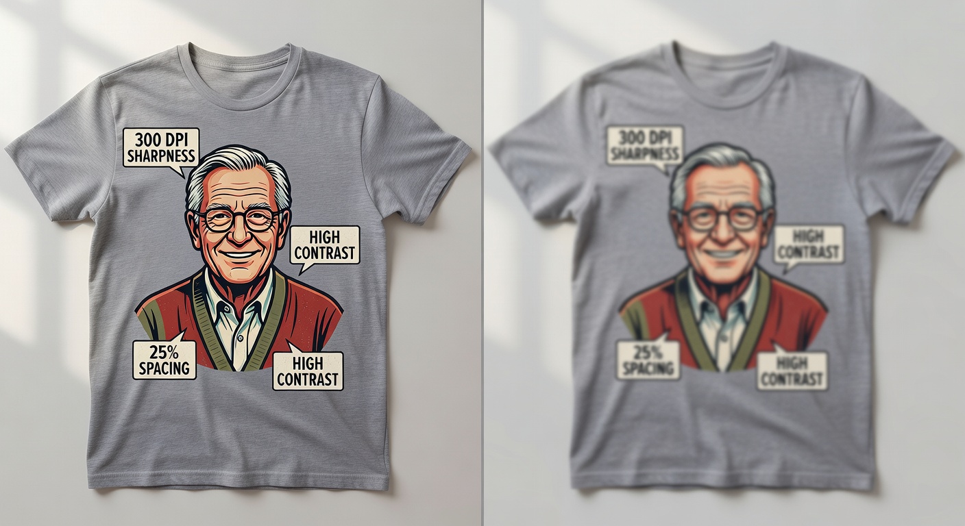 Side-by-side comparison of high-quality vs low-quality grandparent designs – left: 'Retro Grandpa Tee' with labeled callouts for 300 DPI sharpness, 25% spacing, high contrast; right: blurry low-res version with overcrowding and poor readability; both at thumbnail size