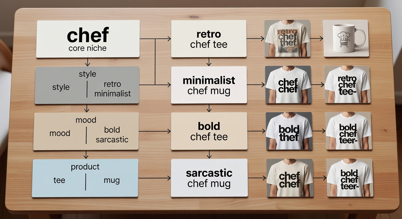 Visual breakdown of a search formula diagram showing 'chef' as core niche, stacked with style (retro/minimalist), mood (bold/sarcastic), and product (tee/mug), with 4 example combinations like 'retro chef tee' yielding thumbnail previews of 6 designs