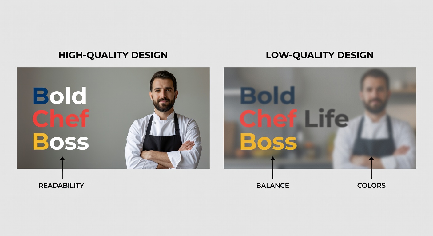 Side-by-side comparison of high-quality vs low-quality chef design thumbnails: left shows 'Bold Chef Boss' with perfect spacing, 5-color palette, readable at 150px; right shows blurry 'Chef Life' with overlapping text and poor contrast; labeled callouts for readability, balance, and colors