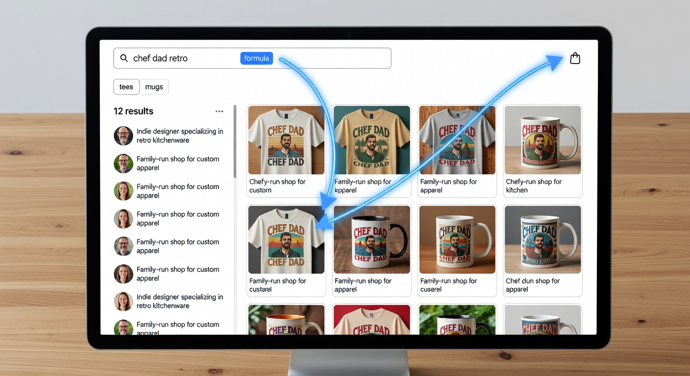Screenshot-style mockup of /shop interface: search bar with 'chef dad retro' formula, applied filters for tees/mugs, sidebar showing 12 results with creator profiles open, workflow arrows from search to profile to cart