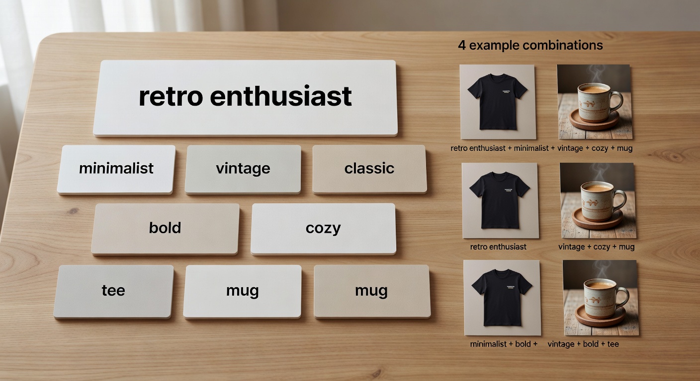 Visual breakdown of a search formula components diagram showing 'retro enthusiast' as core niche, stacked with style words like 'minimalist' or 'vintage', mood words like 'bold' or 'cozy', and product types like '<a href=
