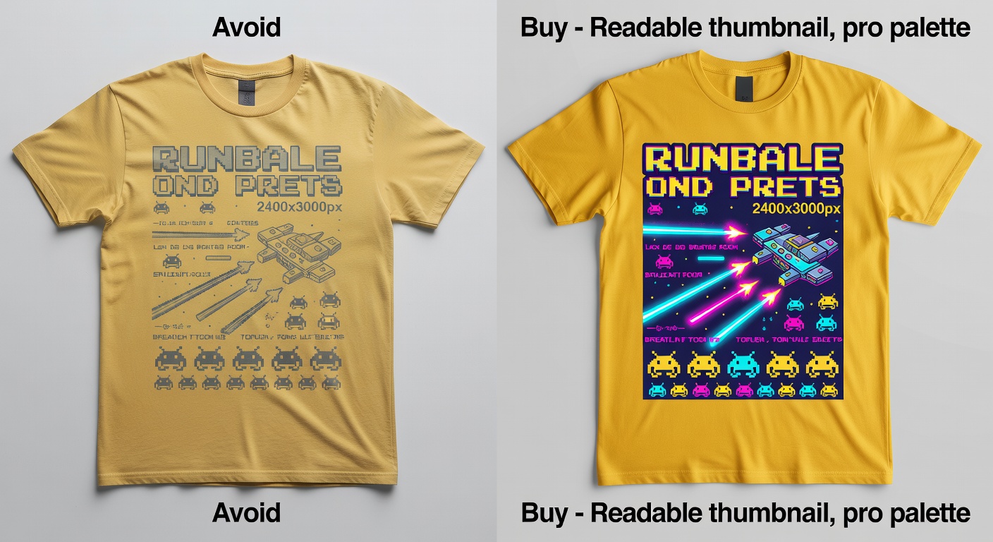 Side-by-side comparison of high-quality vs low-quality retro enthusiast tee designs; left: blurry text, cramped elements, dull colors labeled 'Avoid'; right: sharp 2400x3000px vintage arcade graphic with balanced spacing, vibrant contrast labeled 'Buy - Readable thumbnail, pro palette'