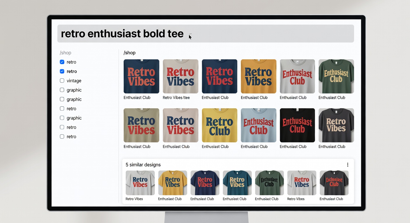 Screenshot-style mockup of marketplace interface on desktop: top search bar with 'retro enthusiast bold tee' query showing filtered results, sidebar with /shop style filters applied (retro selected), bottom with creator profile open revealing 5 similar designs