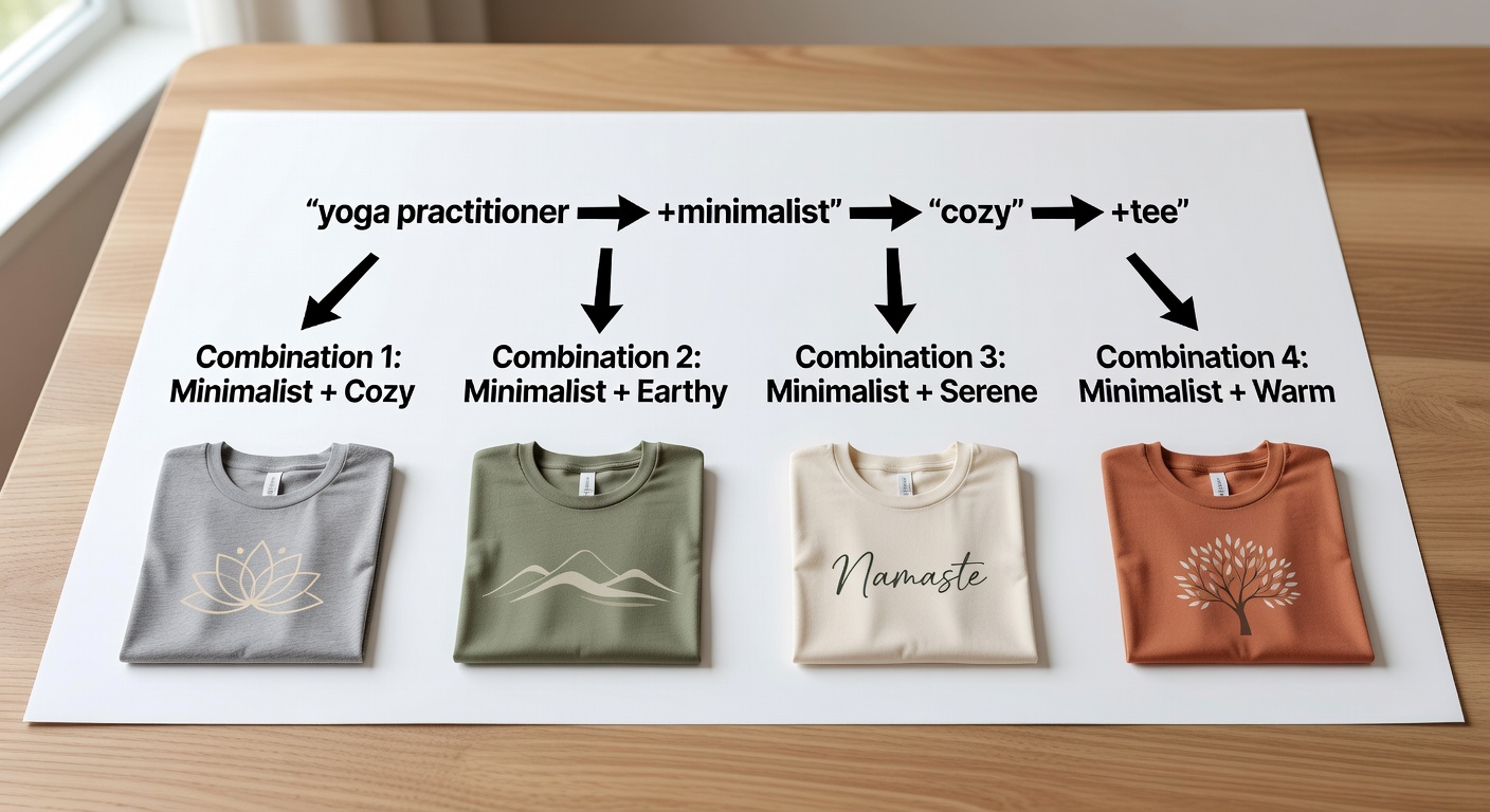 Visual breakdown of a search formula diagram showing components like 'yoga practitioner' (niche) + 'minimalist' (style) + 'cozy' (mood) + '<a href=