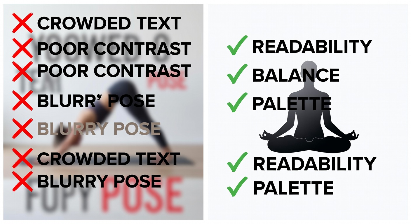 Side-by-side comparison of two yoga practitioner tee thumbnails: left low-quality (crowded text, poor contrast, blurry pose at 100px size with red X callouts); right high-quality (clean minimalist lotus, perfect spacing, bold contrast with green checkmarks and labels for readability, balance, palette)