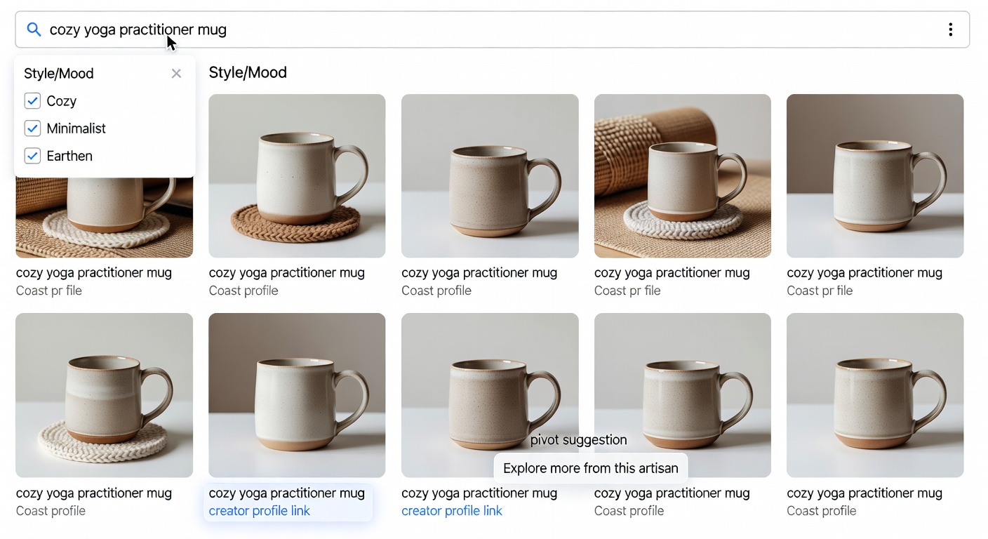 Screenshot-style mockup of marketplace interface on desktop: top search bar with 'cozy yoga practitioner mug' entered, sidebar filters for style/mood active, bottom showing 12-product grid with creator profile link highlighted and pivot suggestion bubble