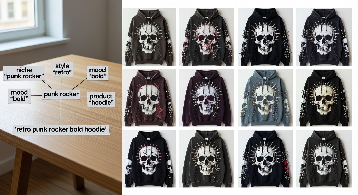 Visual breakdown of a punk rocker search formula with labeled components - niche 'punk rocker' + style 'retro' + mood 'bold' + product 'hoodie' showing example queries like 'retro punk rocker bold hoodie' and resulting thumbnail grid of 12 designs with high contrast skulls and spikes