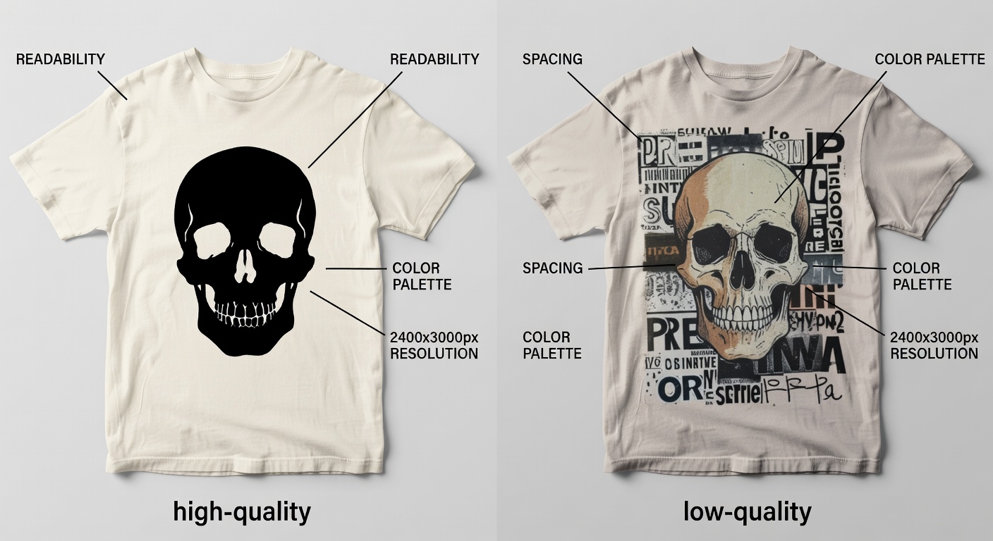 Side-by-side comparison of high-quality vs low-quality punk rocker skull tee designs - left: clean minimalist skull with perfect spacing, bold contrast, readable at thumbnail size; right: blurry, crowded vintage punk rocker with poor balance and low contrast; labeled callouts for readability, spacing, color palette, and 2400x3000px resolution