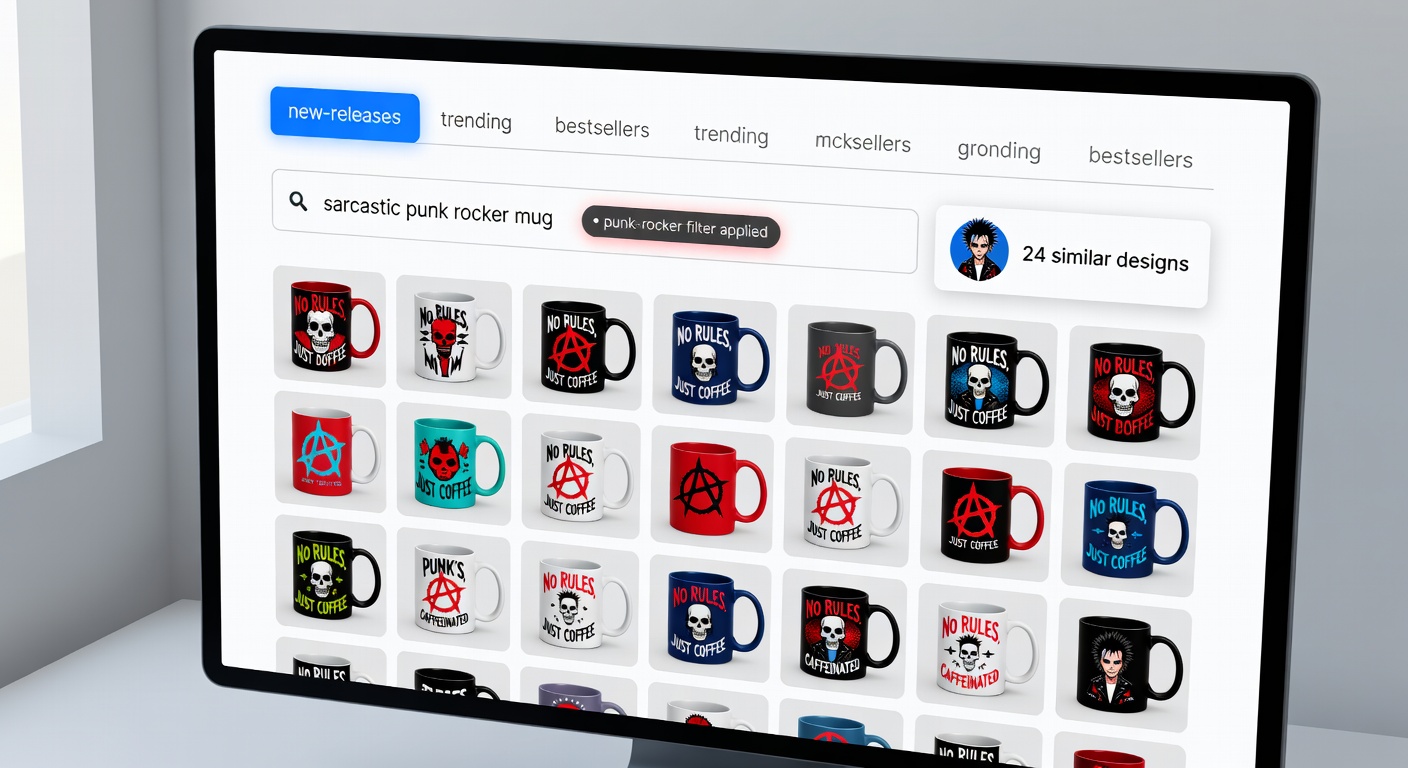 Screenshot-style mockup of marketplace interface on /shop page showing punk rocker filter applied, search bar with 'sarcastic punk rocker mug' formula, creator profile open with 24 similar designs, and new-releases tab highlighted for workflow