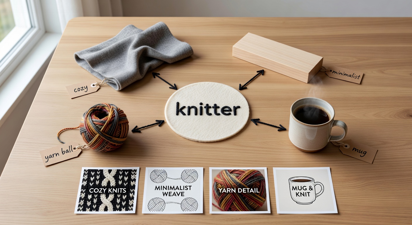Visual breakdown of knitter search formula components: 'knitter' (core niche in center), arrows to 'cozy' (mood), 'minimalist' (style), 'yarn ball' (detail), and 'mug' (product); below, four thumbnail examples of resulting designs with high-contrast yarn motifs and clean text at 2400x3000px resolution.