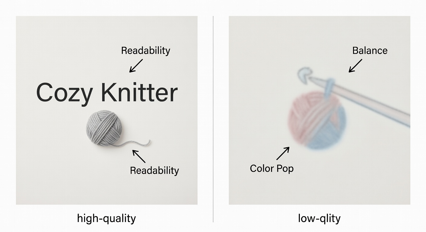 Side-by-side comparison of high-quality vs low-quality knitter design thumbnails at 300x300px: left (high) clean 'Cozy Knitter' text with balanced yarn icon, 80% contrast ratio, even spacing; right (low) cramped blurry hook graphic, washed-out pastels, no focal point; labeled callouts for readability, balance, and color pop.