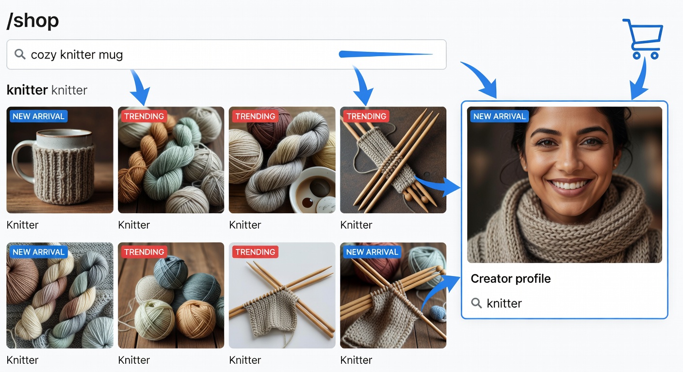 Screenshot-style mockup of /shop page filtered to 'knitter', showing search bar with 'cozy knitter mug', product grid with thumbnails, creator profile highlighted, trending badges on top results, and new arrival tags; workflow arrows from search to profile to cart.