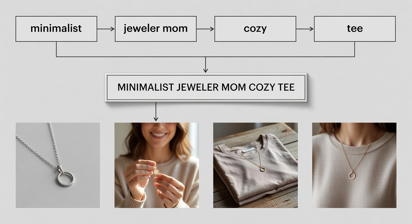 Visual breakdown of a jeweler search formula with labeled components: 'minimalist' (style), 'jeweler mom' (niche + audience), 'cozy' (mood), 'tee' (product) forming 'minimalist jeweler mom cozy tee' example, showing 4 generated result thumbnails with high contrast and clean lines