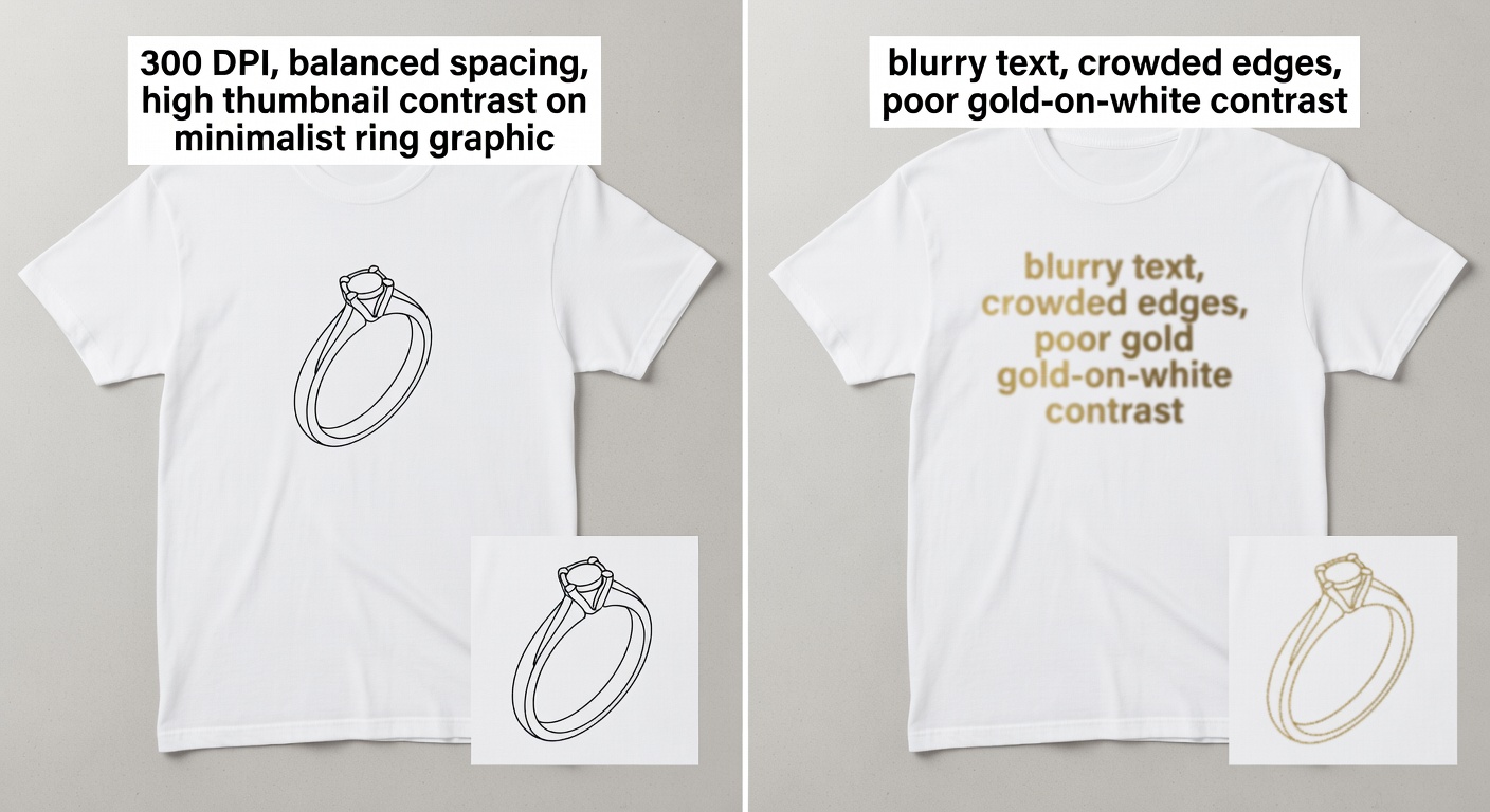 Side-by-side comparison of high-quality vs low-quality jeweler tee designs: left (high) labeled '300 DPI, balanced spacing, high thumbnail contrast on minimalist ring graphic'; right (low) labeled 'blurry text, crowded edges, poor gold-on-white contrast' with zoomed thumbnail views