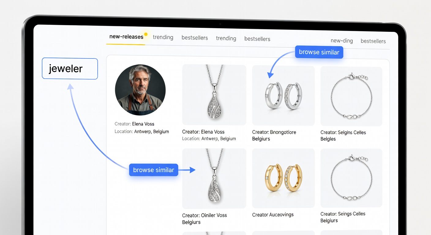 Screenshot-style mockup of marketplace interface: shop page with 'jeweler' filter applied, creator profile open next to 6-product grid, arrows showing 'browse similar' workflow and new-releases tab highlighted