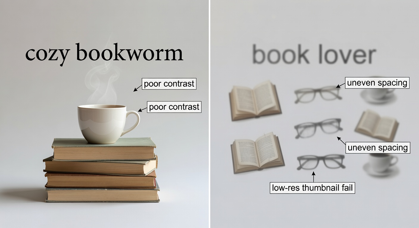 Side-by-side comparison of high-quality vs low-quality bookworm designs: left shows crisp 'cozy bookworm' with even spacing, 300 DPI sharpness, balanced book stack and mug of tea; right shows blurry 'book lover' text overcrowded with faded icons, labeled callouts for 'poor contrast', 'uneven spacing', 'low-res thumbnail fail'