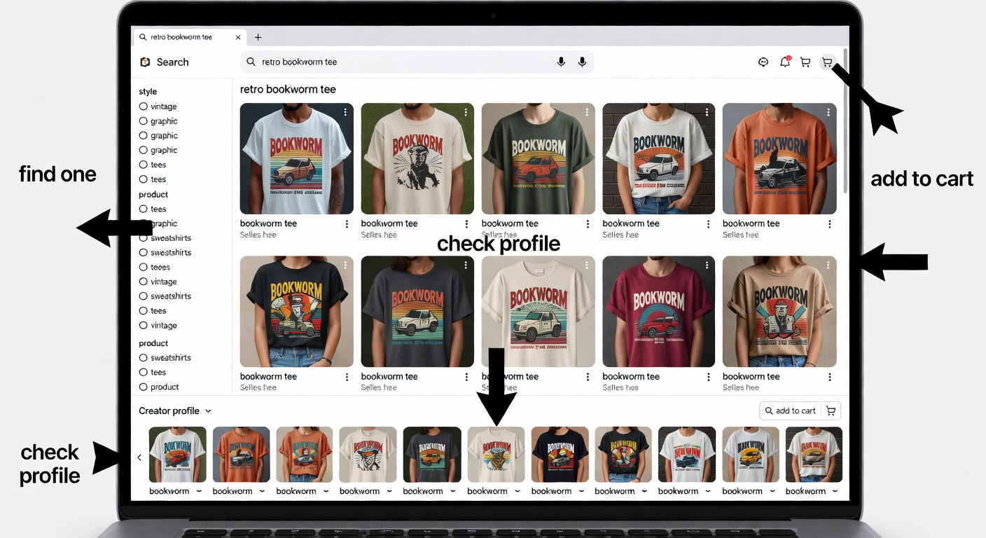 Screenshot-style mockup of marketplace interface: top search bar with 'retro bookworm tee' results, sidebar filters for style and product, bottom showing <a href=