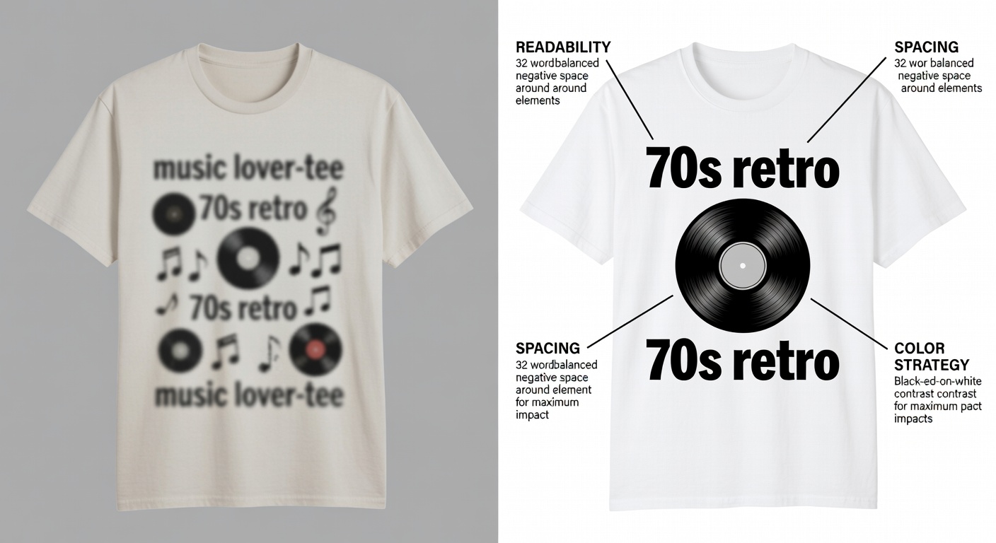 Side-by-side comparison of two music lover tee thumbnails: left low-quality (blurry text, cluttered elements, poor contrast); right high-quality (sharp 70s retro font, balanced vinyl graphic, high contrast black-on-white); labeled callouts for readability, spacing, and color strategy (32 words)