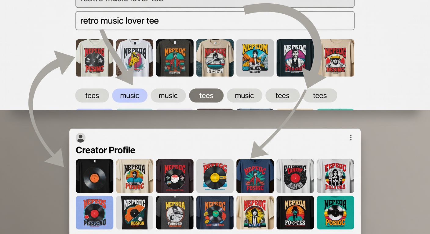 Screenshot-style mockup of marketplace interface: top search bar with 'retro music lover tee' results; middle filters applied (tees, music); bottom creator profile open with 12 related designs grid, arrows showing workflow from search to profile browse (28 words)