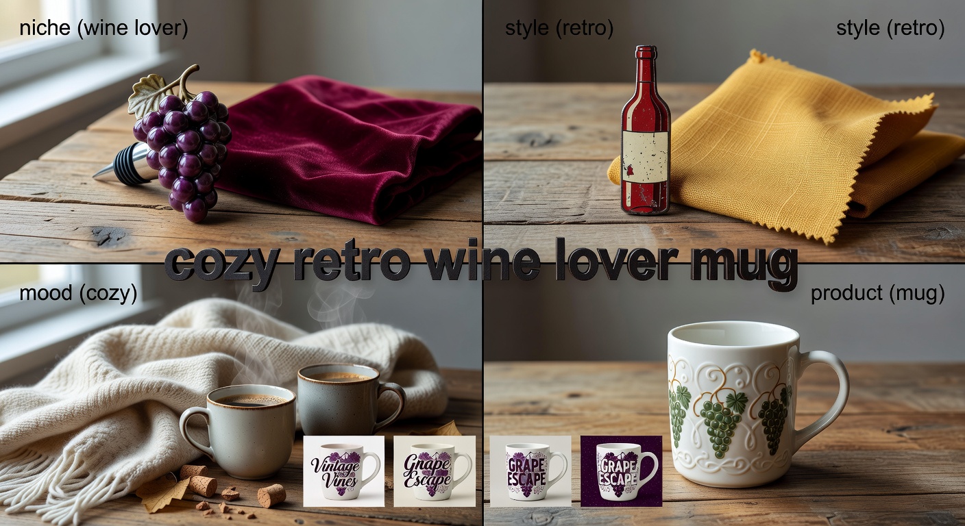 Visual breakdown of a search formula for wine lover designs - four quadrants showing 'niche (wine lover)' + 'style (retro)' + 'mood (cozy)' + 'product (mug)' with example search 'cozy retro wine lover mug' and resulting thumbnail previews of 4 designs with grape motifs a<a href=