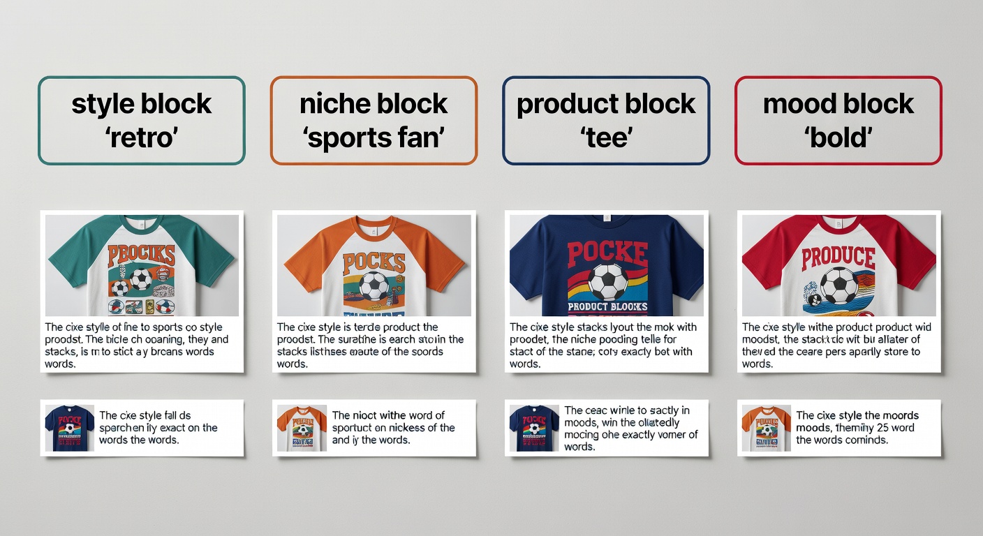 Visual breakdown of a niche stack search formula with labeled components – 'retro' (style block), 'sports fan' (niche block), 'tee' (product block), and 'bold' (mood block) – showing 4 example combinations side-by-side with mock search results thumbnails (25 words)