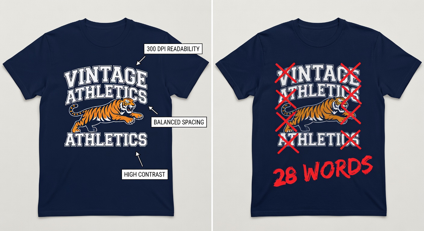 Side-by-side comparison of high-quality vs low-quality sports fan tee designs – left: clean retro logo with callouts for '300 DPI readability', 'balanced spacing', 'high contrast'; right: blurry version with red X's on flaws (28 words)
