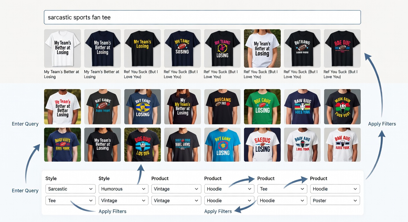 Screenshot-style mockup of marketplace interface – top: search bar with 'sarcastic sports fan tee' results; middle: creator profile with 12 thumbnails; bottom: filter dropdowns for style and product with arrows showing workflow (32 words)