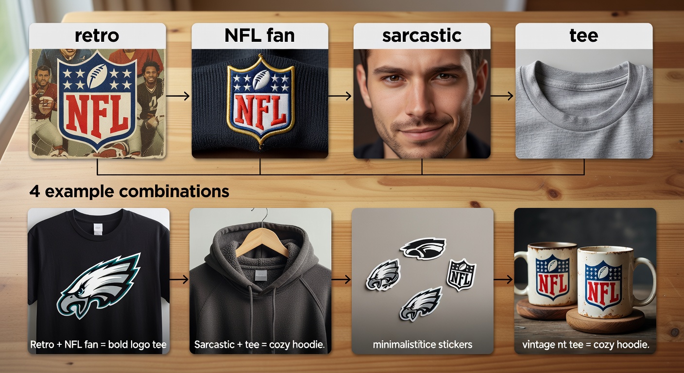 Visual breakdown of a sports fan search formula with labeled components - 'retro' (style), 'NFL fan' (niche), 'sarcastic' (mood), 'tee' (product) - showing 4 example combinations yielding thumbnail previews of bold team logo tees, cozy <a href=