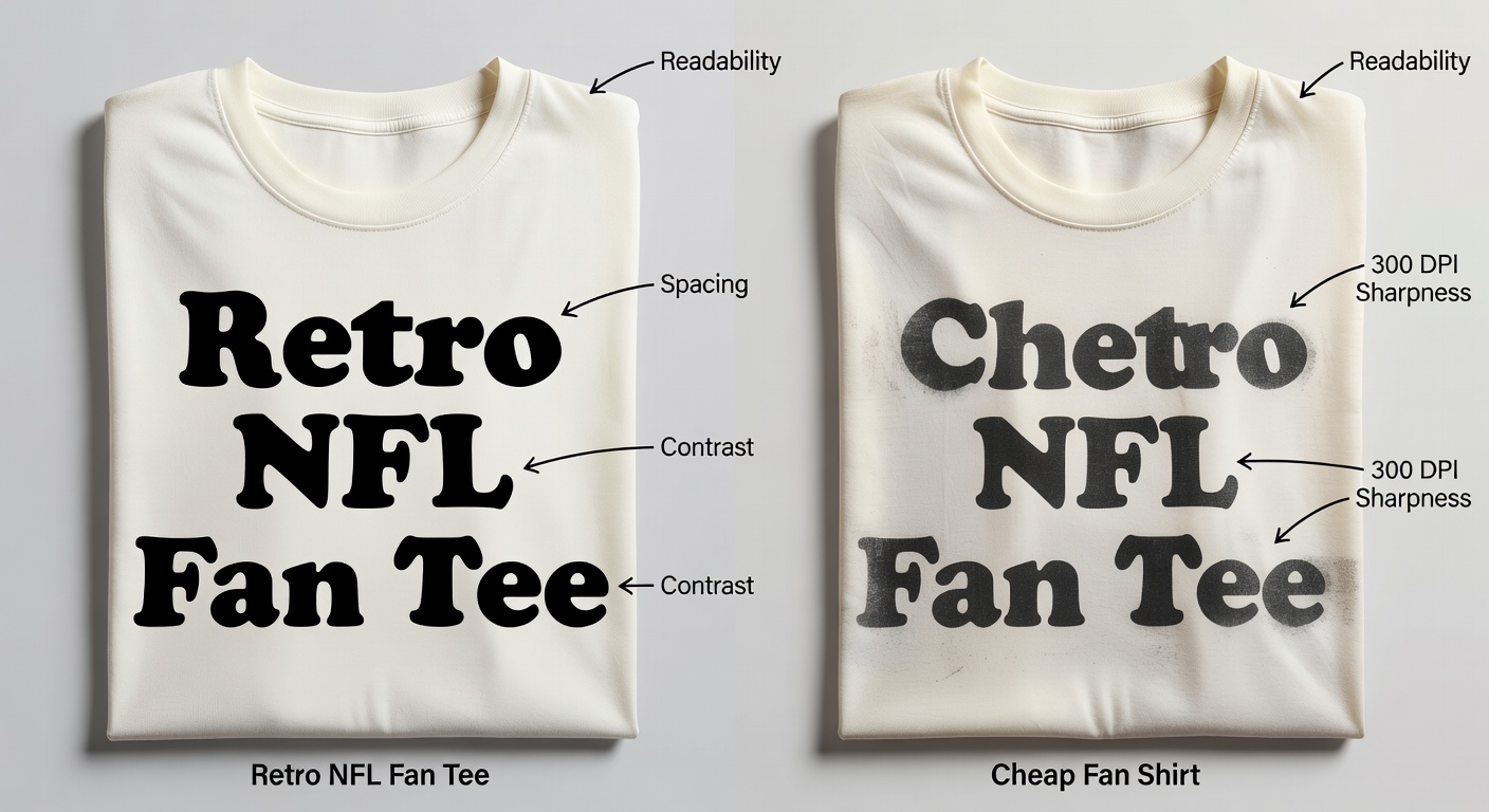 Side-by-side comparison of high-quality vs low-quality sports fan designs - left: crisp 'Retro NFL Fan Tee' with perfect spacing, bold contrast, readable thumbnail; right: blurry 'Cheap Fan Shirt' with crowded text, poor balance; labeled callouts for readability, spacing, contrast, and 300 DPI sharpness