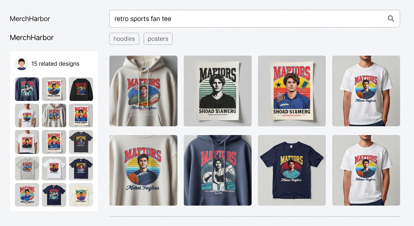 Screenshot-style mockup of MerchHarbor shop interface - top search bar with 'retro sports fan tee', applied filters for hoodies/posters, sidebar showing creator profile with 15 related designs, and product grid with quality thumbnails and mockups