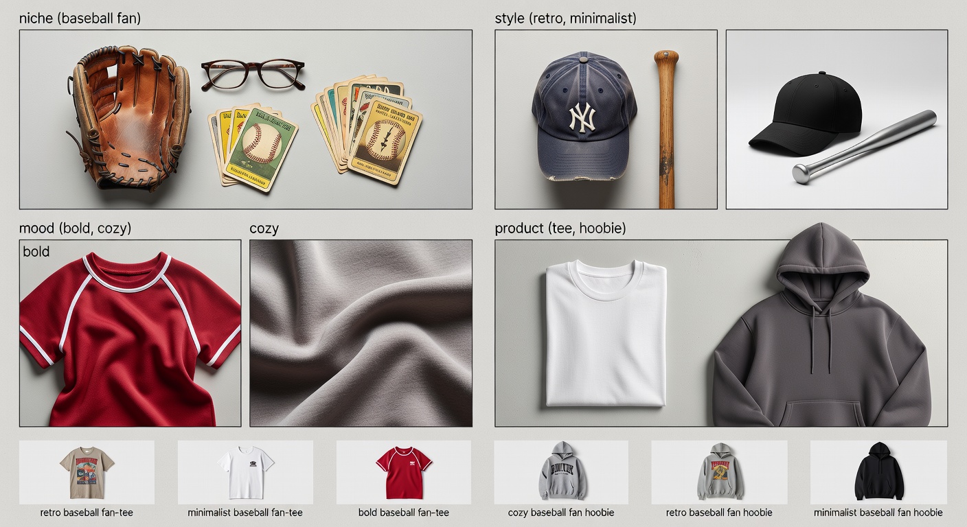 Visual breakdown of search formula components for baseball fan designs - four quadrants showing 'niche (baseball fan)' + 'style (retro, minimalist)' + 'mood (bold, cozy)' + 'product (tee, <a href=