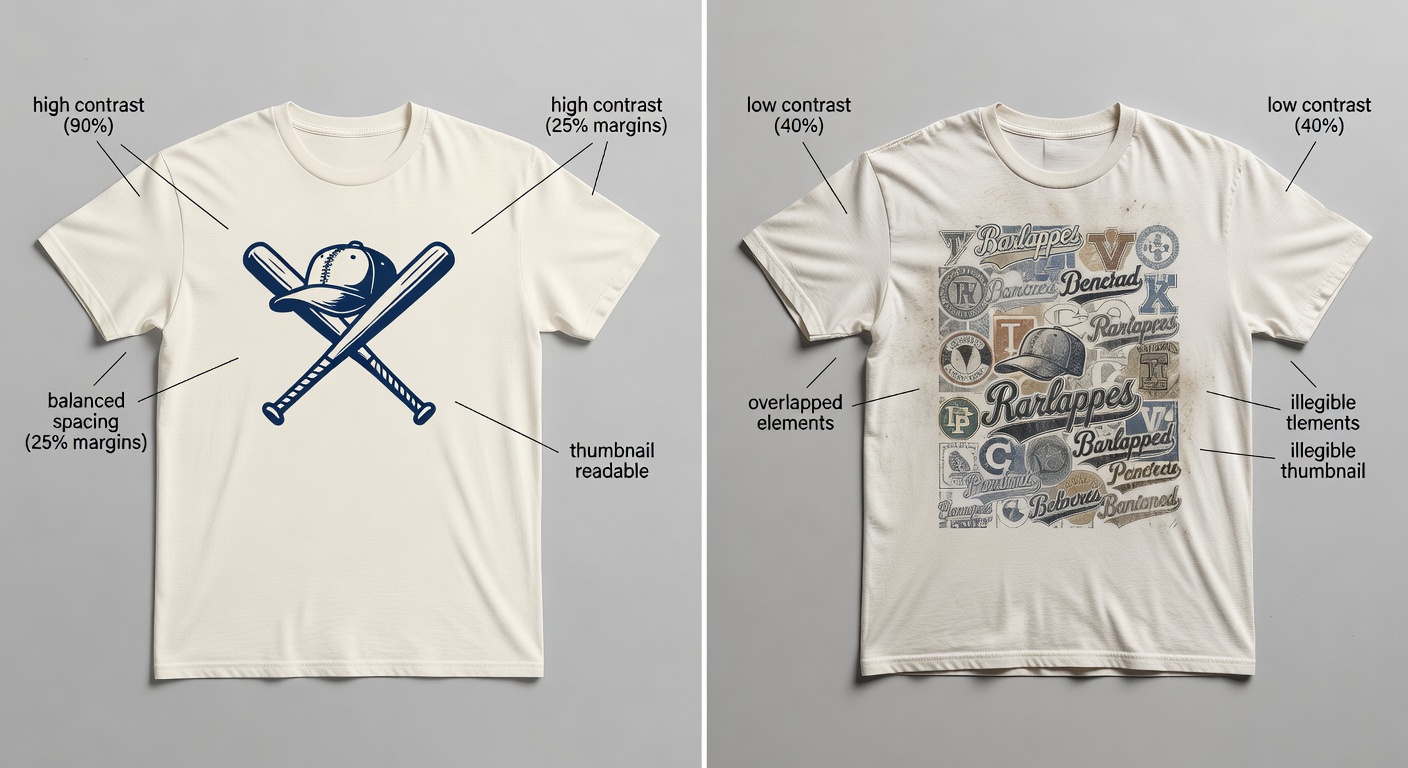 Side-by-side comparison of high-quality vs low-quality baseball fan tee designs - left: clean retro logo with labeled callouts for 'high contrast (90%)', 'balanced spacing (25% margins)', 'thumbnail readable'; right: crowded vintage graphic with labels for 'low contrast (40%)', 'overlapped elements', 'illegible thumbnail'