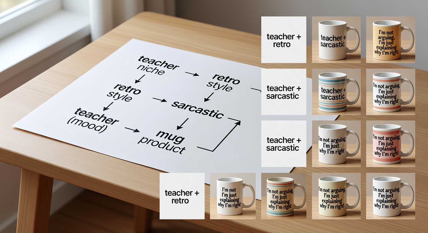 Visual breakdown of a search formula diagram showing components like 'teacher' (niche) + 'retro' (style) + 'sarcastic' (mood) + '<a href=