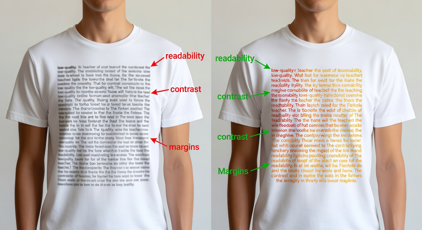 Side-by-side comparison of two teacher tee designs: left low-quality (crowded text, low contrast, blurry thumbnail); right high-quality (clean spacing, bold 2400x3000px resolution, balanced warm palette)—with red/green callouts labeling readability, contrast, and margins (32 words)