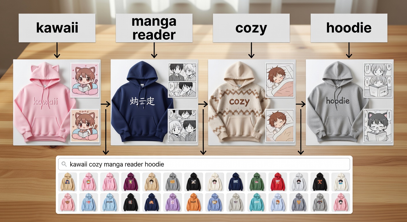 Visual breakdown of a search formula for manga reader designs, showing components like 'kawaii' (style), 'manga reader' (niche), 'cozy' (mood), 'hoodie' (product) with 4 example combinations in a grid layout, arrows connecting parts, and a mock search bar result preview with 20+ thumbnail designs (28 words)