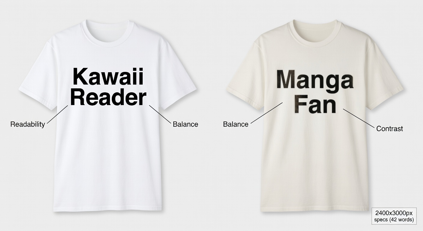 Side-by-side comparison of high-quality vs low-quality manga reader tee designs; left: crisp 'Kawaii Reader' with perfect spacing, thumbnail-readable text, high contrast; right: blurry 'Manga Fan' with crowded elements and poor colors; labeled callouts for readability, balance, contrast, and 2400x3000px specs (42 words)