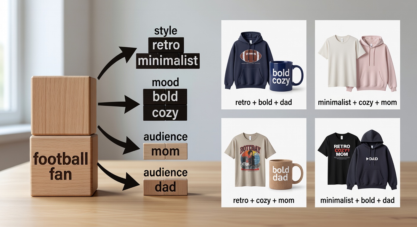 Visual breakdown of search formula components—stacked blocks showing 'football fan' as base, arrows to style words like 'retro/minimalist', mood like 'bold/cozy', and audience like 'mom/dad', with 4 example combinations yielding thumbnail previews of tees, hoodies, and mugs (20-30 words description)