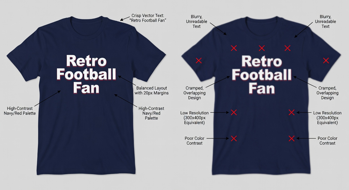 Side-by-side comparison of high-quality vs low-quality football fan designs—left: crisp 'Retro Football Fan' tee with labeled callouts for thumbnail-readable text, balanced spacing (20px margins), high-contrast navy/red palette; right: blurry, cramped low-quality version with red X's on flaws (detailed labels, 300x400px each)