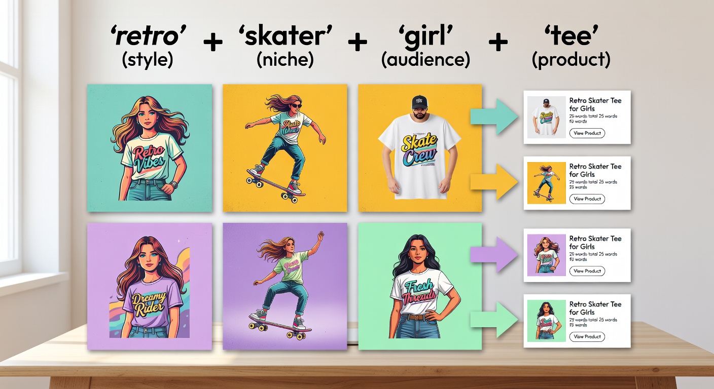 Visual breakdown of a skater search formula showing components like 'retro' (style) + 'skater' (niche) + 'girl' (audience) + '<a href=