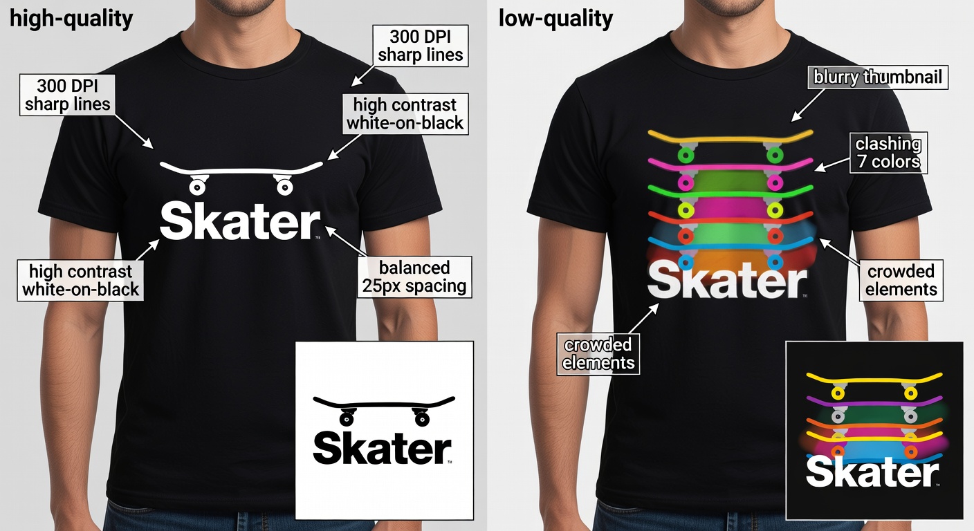 Side-by-side comparison of high-quality vs low-quality skater tee designs: Left (high): labeled callouts for '300 DPI sharp lines', 'high contrast white-on-black', 'balanced 25px spacing'; Right (low): callouts for 'blurry thumbnail', 'clashing 7 colors', 'crowded elements'. Include mock print previews on model (32 words)
