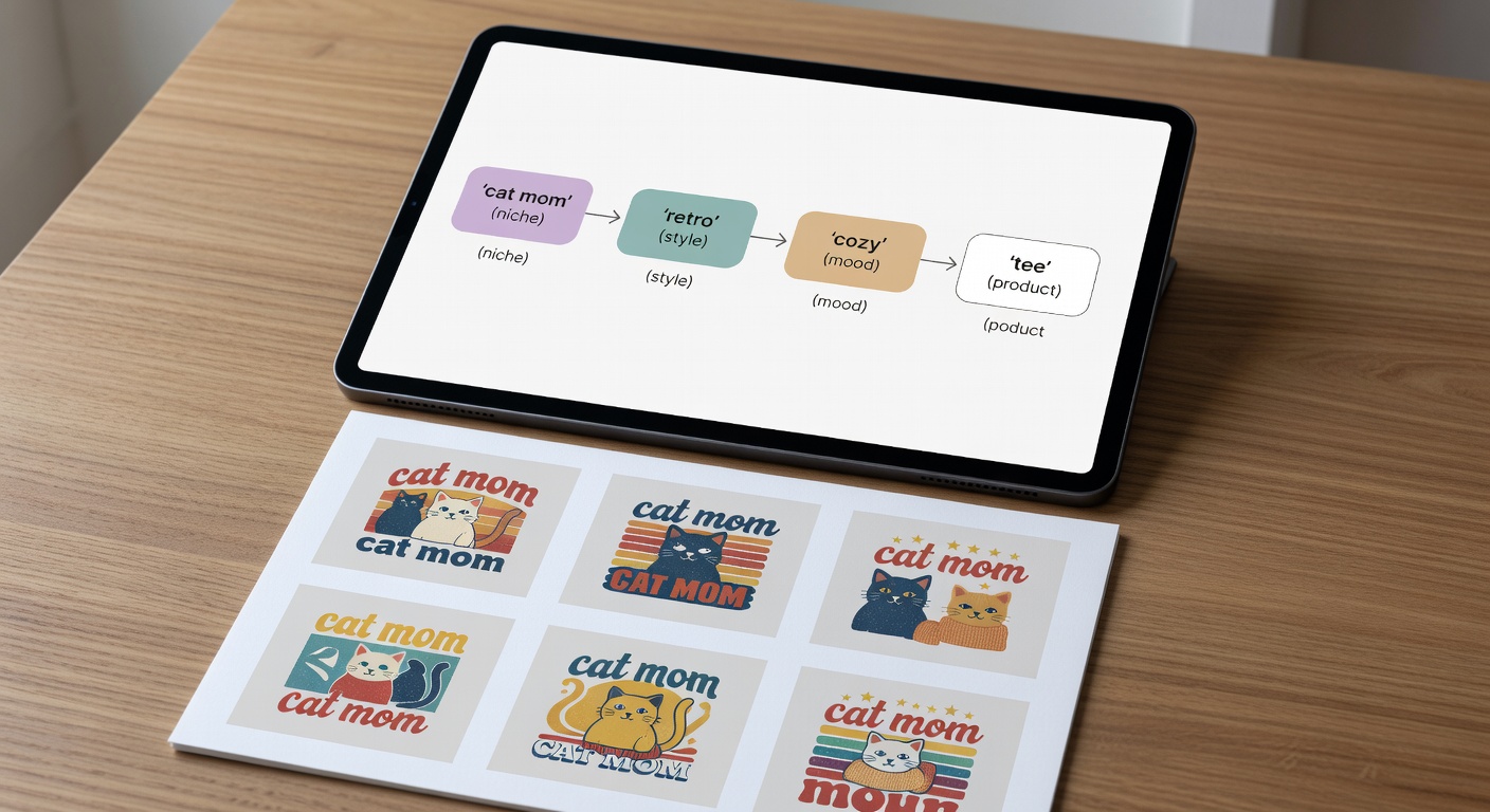 Visual breakdown of a search formula interface showing components like 'cat mom' (niche) + 'retro' (style) + 'cozy' (mood) + 'tee' (product), with example results grid of 6 thumbnails labeled with high-contrast designs and balanced spacing