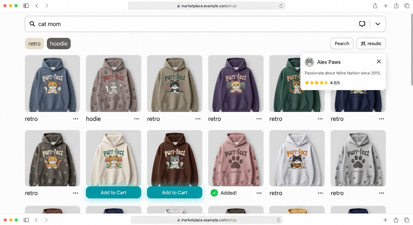 Screenshot-style mockup of marketplace interface on desktop: shop page with 'cat mom' search entered, filters applied for 'retro' style and 'hoodie' product, showing 12-result grid, creator profile popover, and add-to-cart button workflow