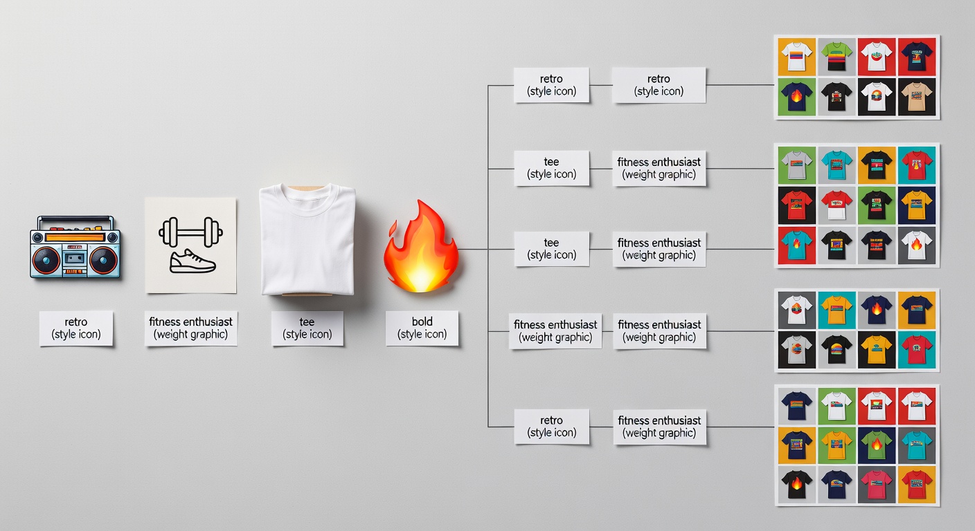 Visual breakdown of a search formula stack showing components like 'retro' (style icon), 'fitness enthusiast' (weight graphic), 'tee' (product shirt mockup), and 'bold' (mood fire emoji), with 4 example combinations yielding thumbnail grids of 12 designs each (25 words)